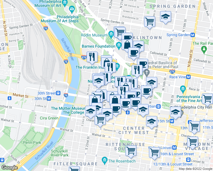 map of restaurants, bars, coffee shops, grocery stores, and more near 120 North 21st Street in Philadelphia