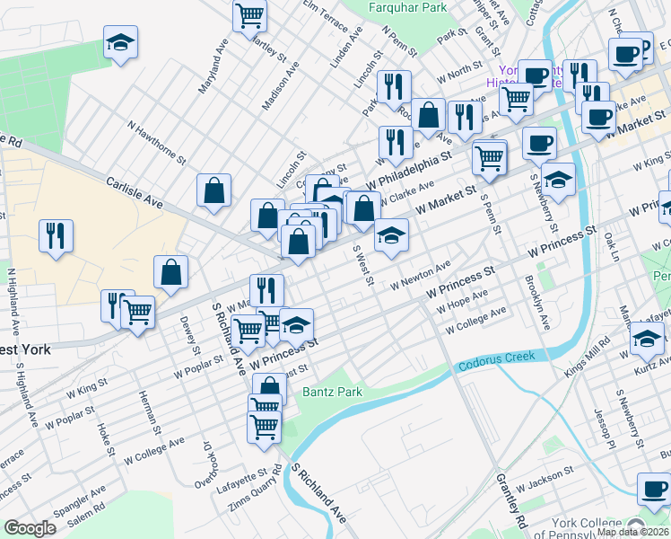map of restaurants, bars, coffee shops, grocery stores, and more near 652 West Market Street in York