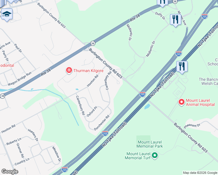 map of restaurants, bars, coffee shops, grocery stores, and more near 116 Canterbury Road in Mount Laurel Township