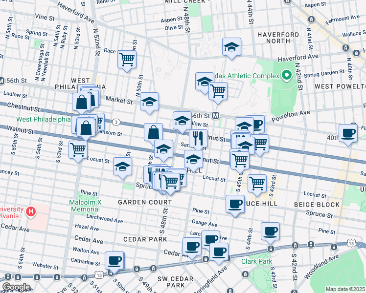 map of restaurants, bars, coffee shops, grocery stores, and more near 4736 Sansom Street in Philadelphia