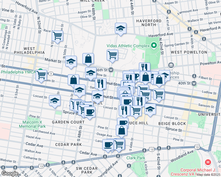 map of restaurants, bars, coffee shops, grocery stores, and more near 4615 Sansom Street in Philadelphia