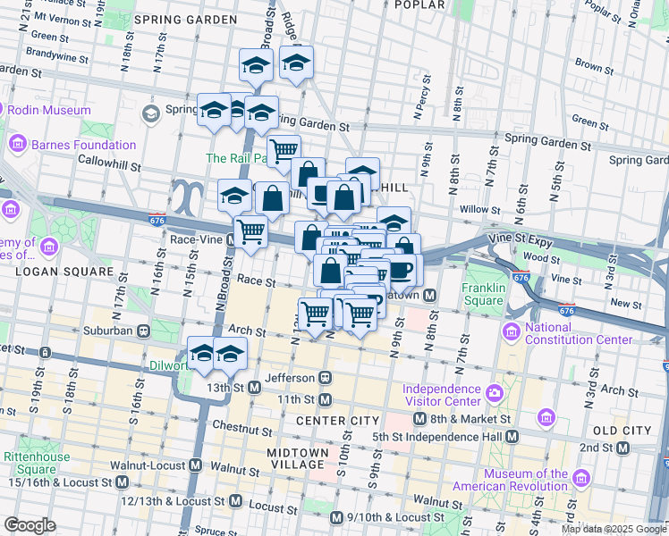 map of restaurants, bars, coffee shops, grocery stores, and more near 1100 Vine Street in Philadelphia