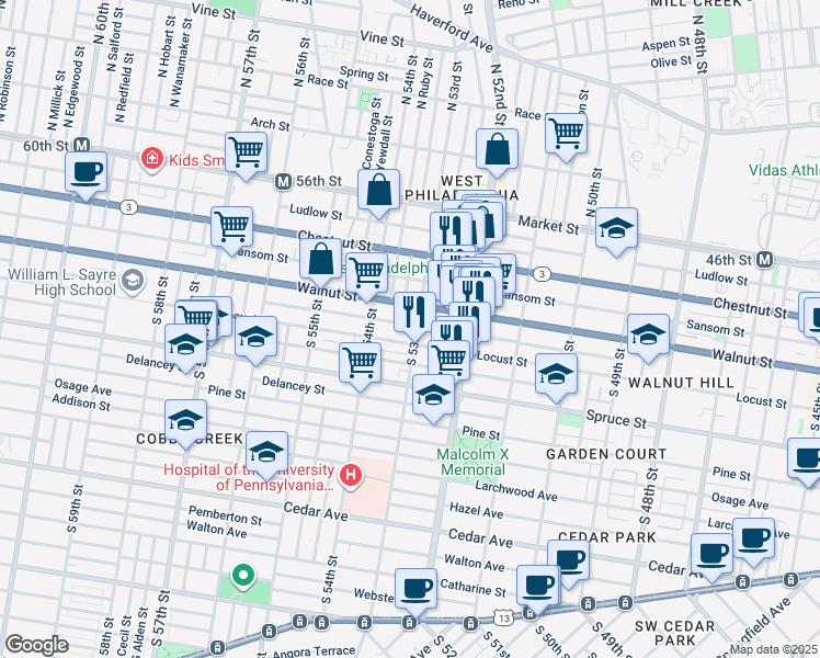 map of restaurants, bars, coffee shops, grocery stores, and more near 216 South 53rd Street in Philadelphia