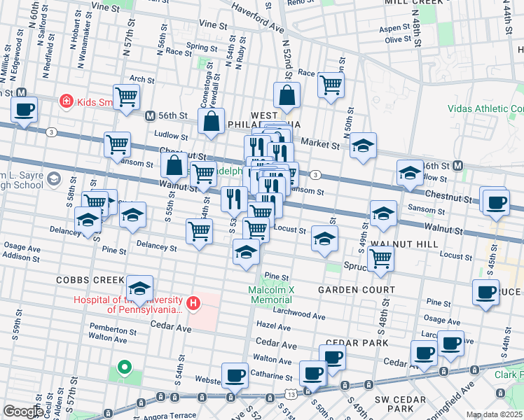 map of restaurants, bars, coffee shops, grocery stores, and more near 5209 Chancellor Street in Philadelphia