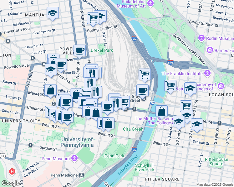 map of restaurants, bars, coffee shops, grocery stores, and more near North 32nd Street in Philadelphia