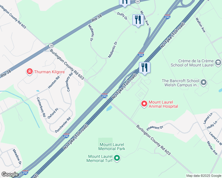map of restaurants, bars, coffee shops, grocery stores, and more near Interstate 295 in Mount Laurel Township