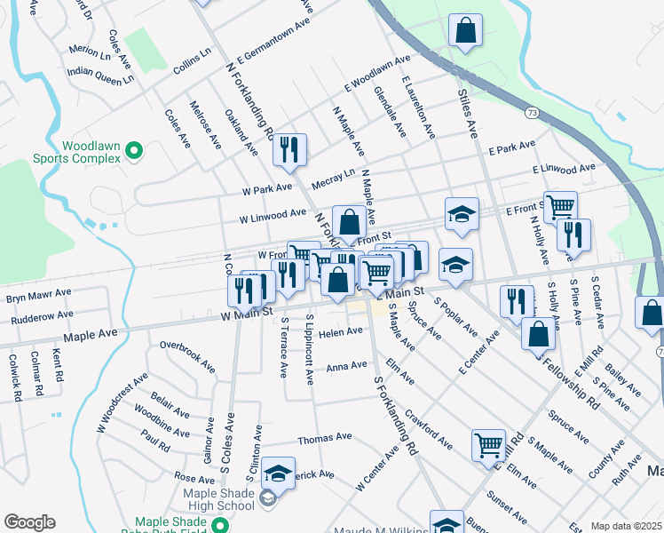 map of restaurants, bars, coffee shops, grocery stores, and more near 40 Brubaker Lane in Maple Shade Township