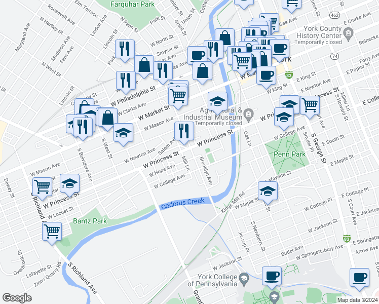 map of restaurants, bars, coffee shops, grocery stores, and more near 206 South Penn Street in York