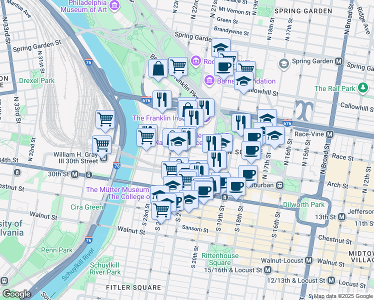 map of restaurants, bars, coffee shops, grocery stores, and more near 120 North 21st Street in Philadelphia