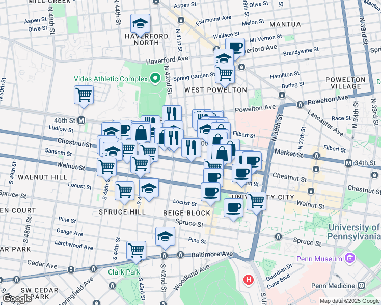 map of restaurants, bars, coffee shops, grocery stores, and more near 4116 Ludlow Street in Philadelphia