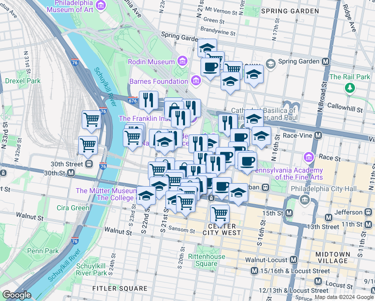 map of restaurants, bars, coffee shops, grocery stores, and more near 2032 Cherry Street in Philadelphia