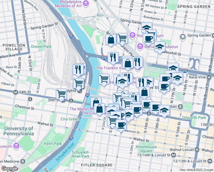 map of restaurants, bars, coffee shops, grocery stores, and more near 2300 Cherry Street in Philadelphia