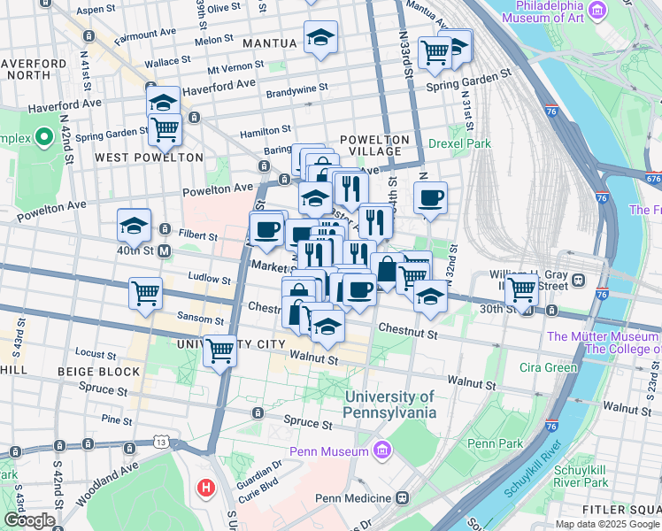 map of restaurants, bars, coffee shops, grocery stores, and more near in Philadelphia
