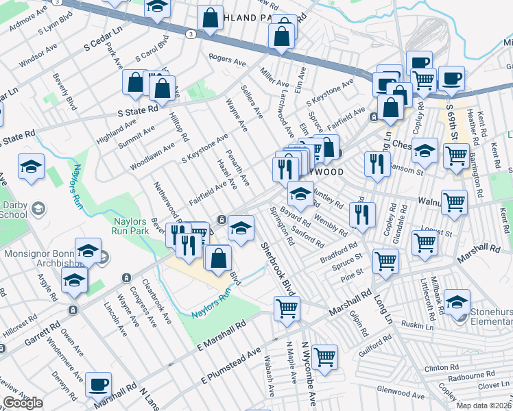 map of restaurants, bars, coffee shops, grocery stores, and more near 7000 Penarth Avenue in Delaware County