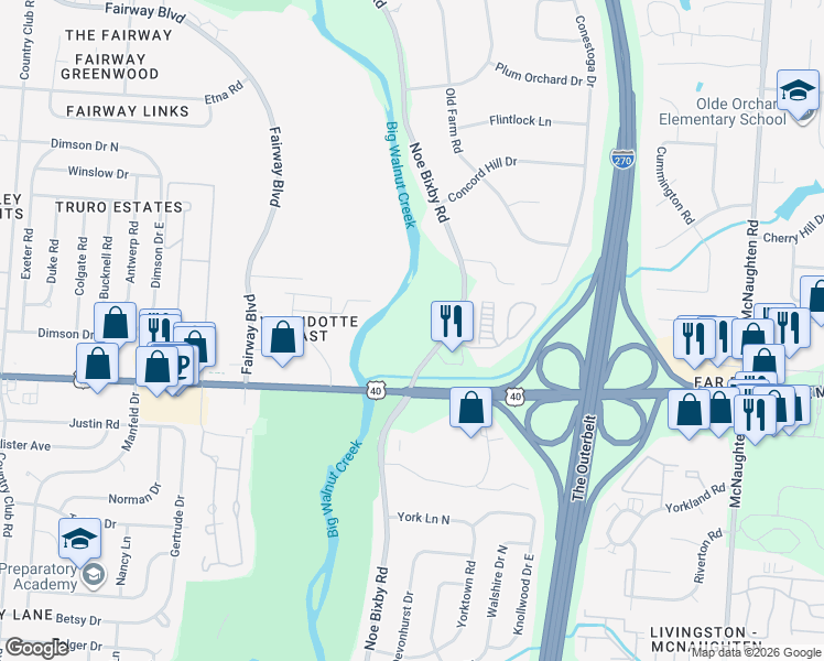 map of restaurants, bars, coffee shops, grocery stores, and more near 1155 Noe Bixby Road in Columbus