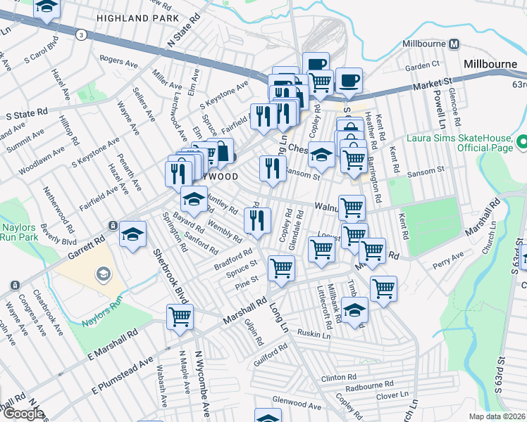 map of restaurants, bars, coffee shops, grocery stores, and more near 216 Long Lane in Upper Darby