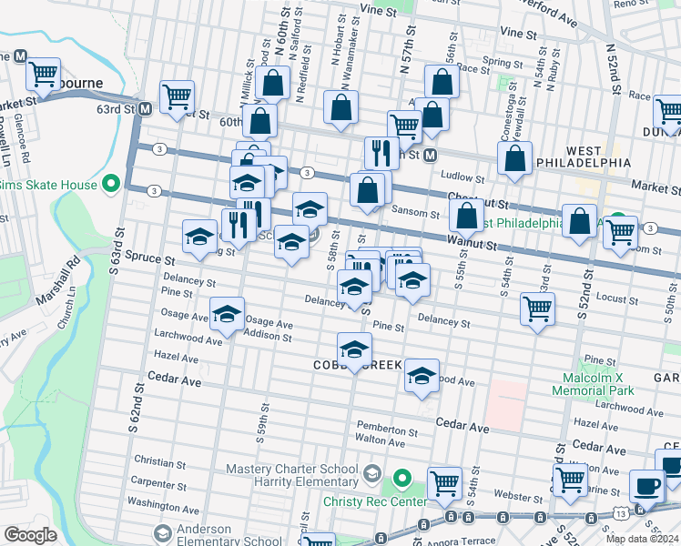 map of restaurants, bars, coffee shops, grocery stores, and more near 272 South Cecil Street in Philadelphia