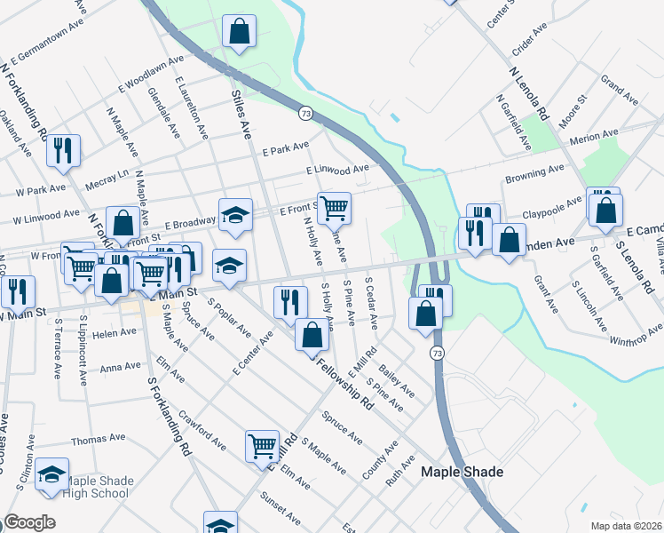 map of restaurants, bars, coffee shops, grocery stores, and more near 15 North Holly Avenue in Maple Shade