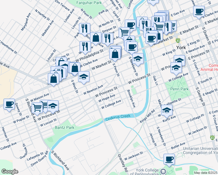 map of restaurants, bars, coffee shops, grocery stores, and more near 449 West Princess Street in York