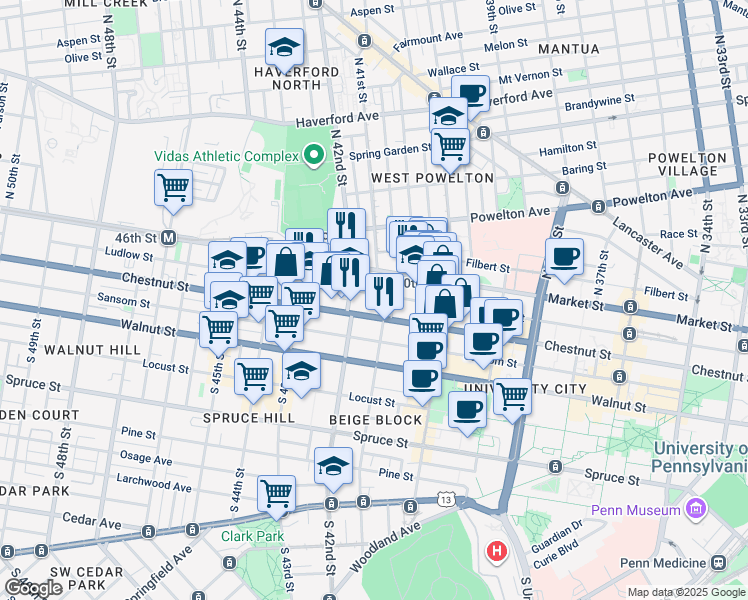 map of restaurants, bars, coffee shops, grocery stores, and more near 4126 Ludlow Street in Philadelphia