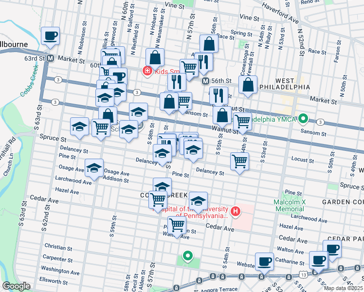 map of restaurants, bars, coffee shops, grocery stores, and more near 263 South Frazier Street in Philadelphia