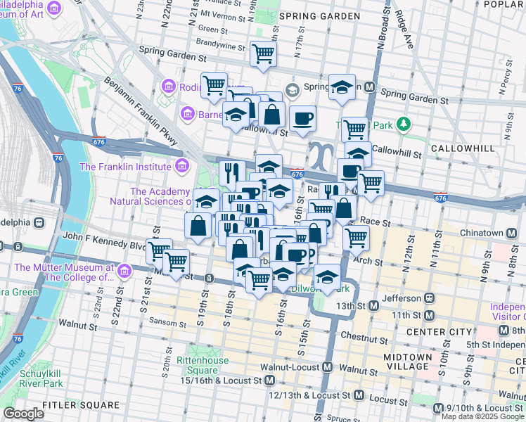 map of restaurants, bars, coffee shops, grocery stores, and more near 1709 Benjamin Franklin Parkway in Philadelphia