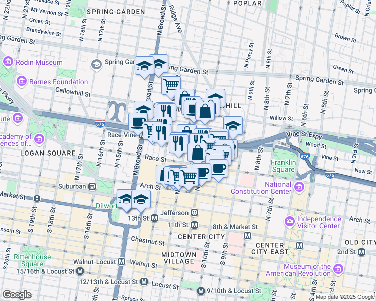 map of restaurants, bars, coffee shops, grocery stores, and more near in Philadelphia