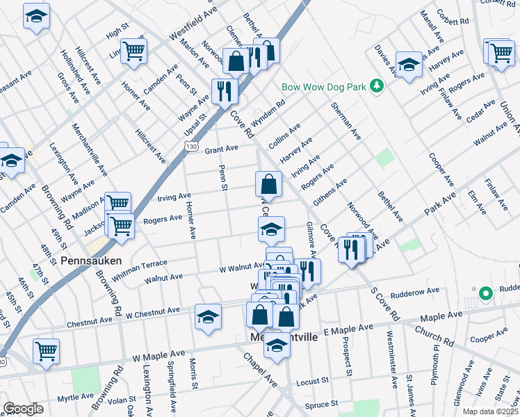 map of restaurants, bars, coffee shops, grocery stores, and more near 2934 North Centre Street in Pennsauken Township