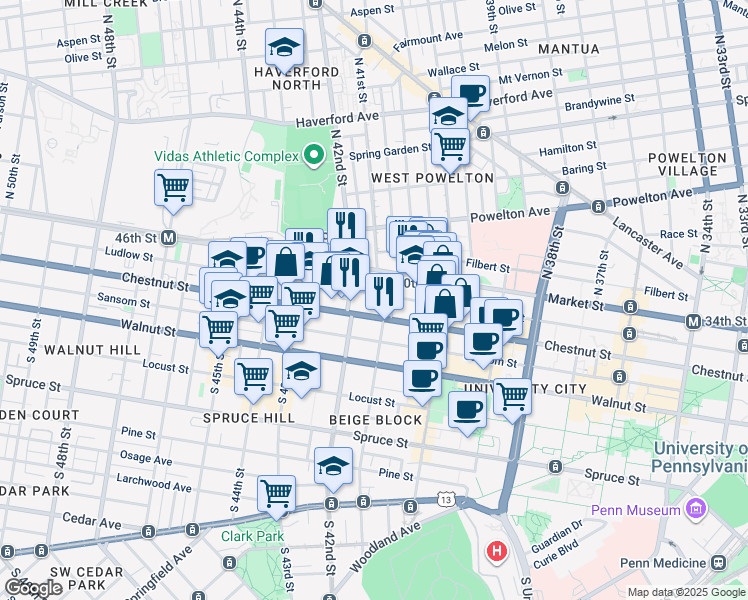 map of restaurants, bars, coffee shops, grocery stores, and more near 4126 Ludlow Street in Philadelphia