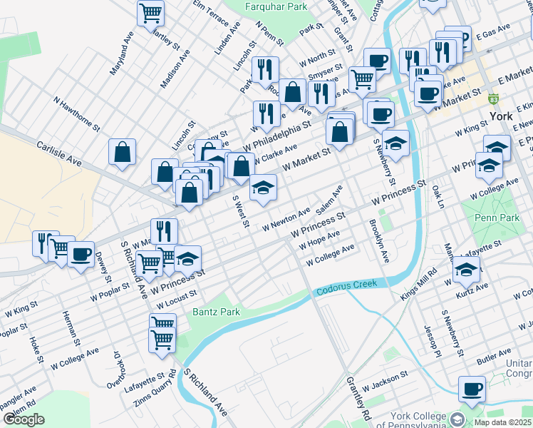 map of restaurants, bars, coffee shops, grocery stores, and more near 554 West King Street in York
