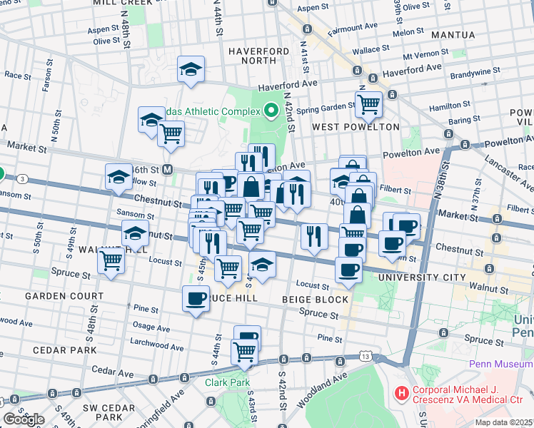 map of restaurants, bars, coffee shops, grocery stores, and more near 4233 Chestnut Street in Philadelphia