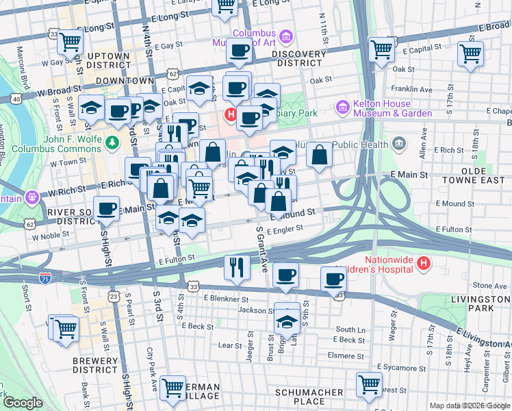 map of restaurants, bars, coffee shops, grocery stores, and more near 373 South Grant Avenue in Columbus