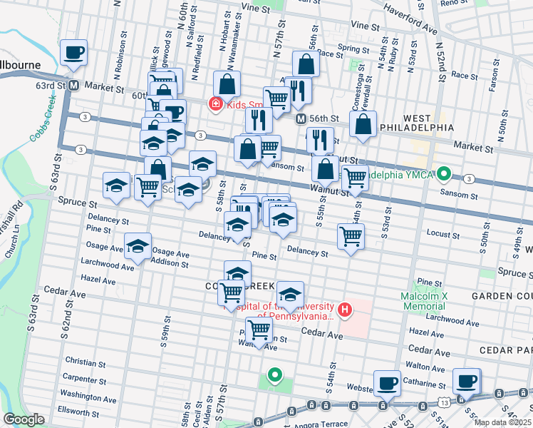 map of restaurants, bars, coffee shops, grocery stores, and more near 263 South Frazier Street in Philadelphia