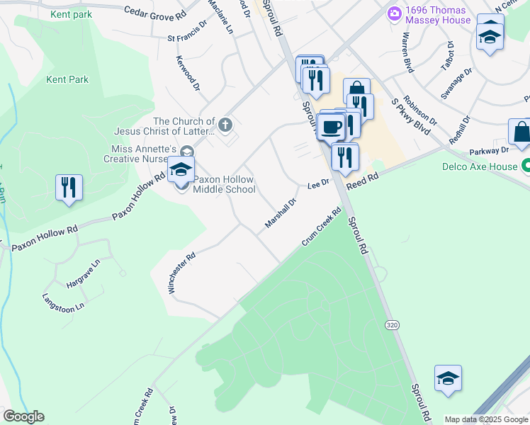 map of restaurants, bars, coffee shops, grocery stores, and more near 1002 Richmond Road in Broomall