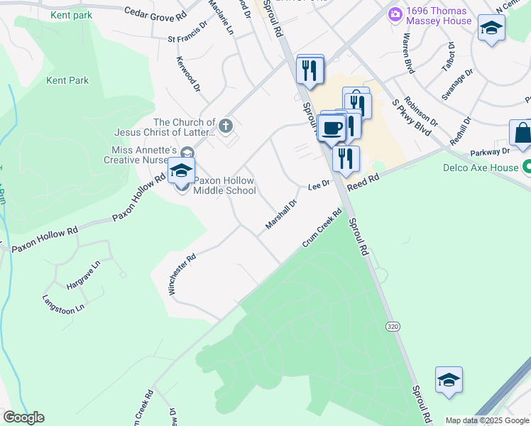 map of restaurants, bars, coffee shops, grocery stores, and more near 1002 Richmond Road in Broomall