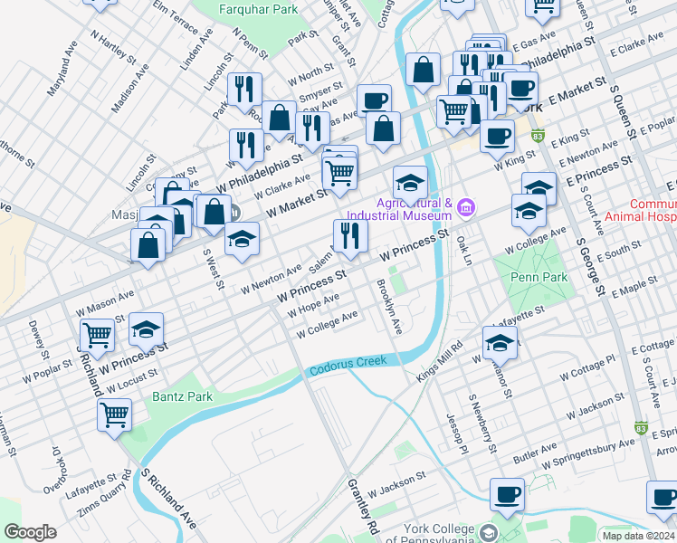map of restaurants, bars, coffee shops, grocery stores, and more near 423 West Princess Street in York