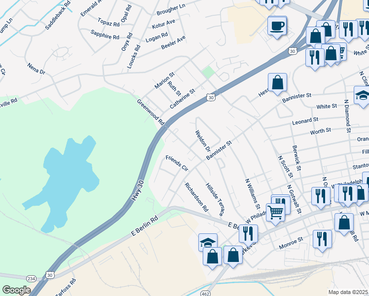 map of restaurants, bars, coffee shops, grocery stores, and more near 630 Greenwood Road in York