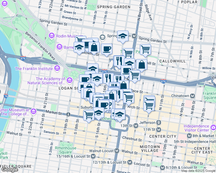 map of restaurants, bars, coffee shops, grocery stores, and more near 220 North Hicks Street in Philadelphia