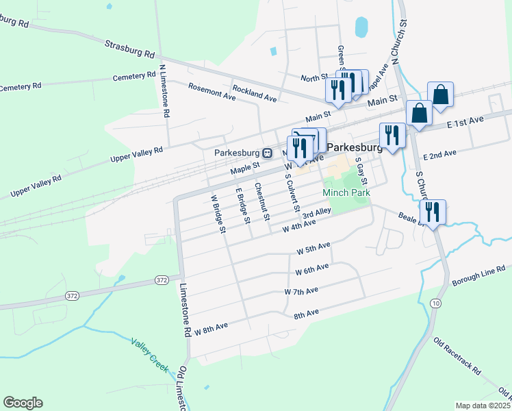 map of restaurants, bars, coffee shops, grocery stores, and more near 608 West 2nd Avenue in Parkesburg