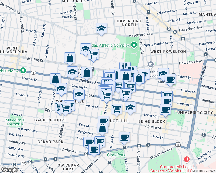 map of restaurants, bars, coffee shops, grocery stores, and more near 4500 Chestnut Street in Philadelphia