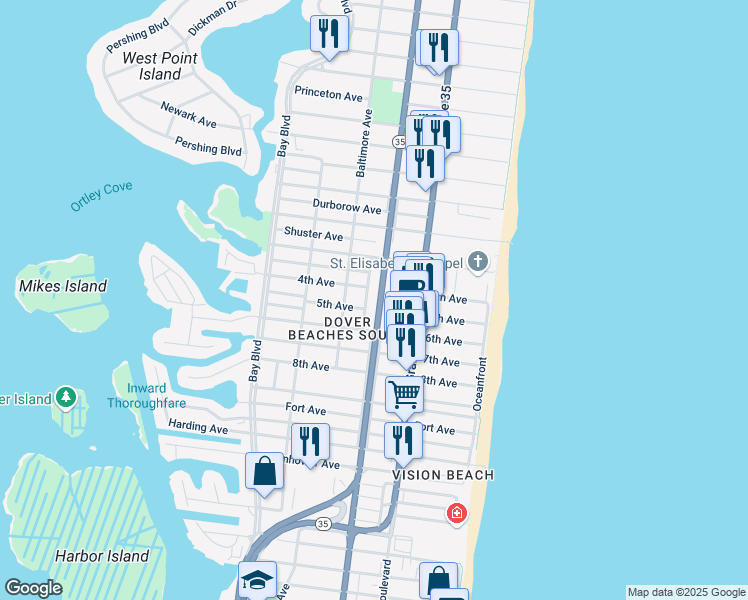 map of restaurants, bars, coffee shops, grocery stores, and more near 1833 Railway Avenue West in Toms River