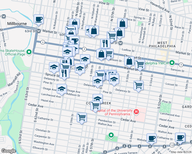 map of restaurants, bars, coffee shops, grocery stores, and more near 247 South Cecil Street in Philadelphia