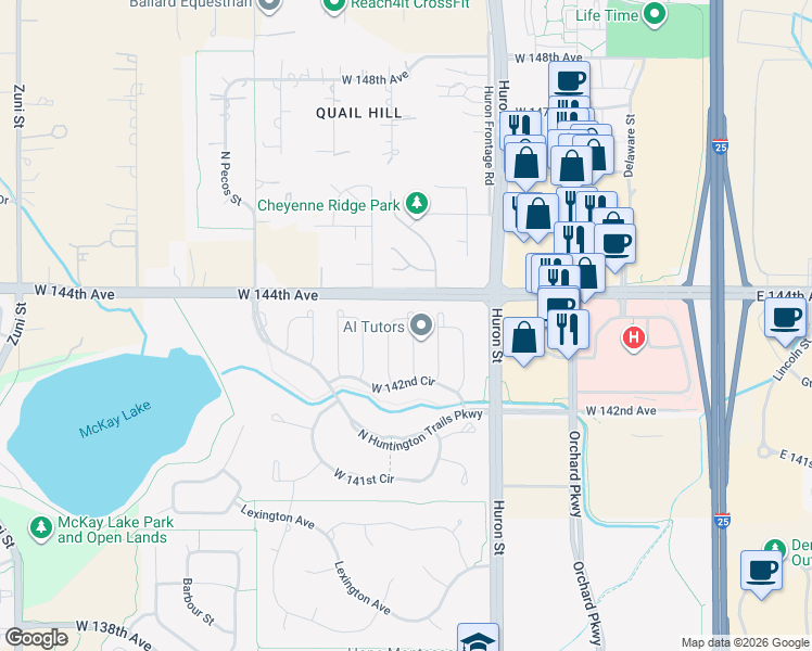 map of restaurants, bars, coffee shops, grocery stores, and more near 14300 North Kalamath Street in Westminster
