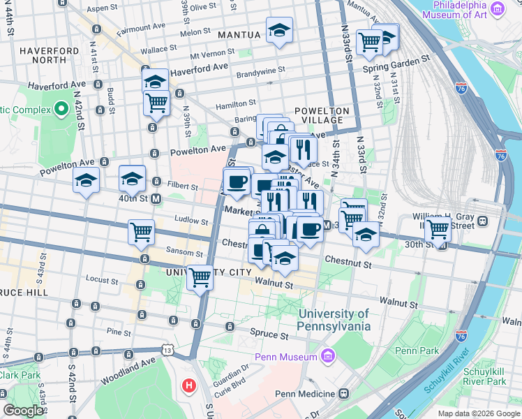 map of restaurants, bars, coffee shops, grocery stores, and more near 3675 Market Street in Philadelphia