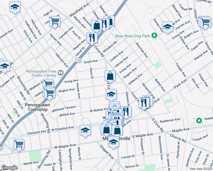 map of restaurants, bars, coffee shops, grocery stores, and more near 2934 North Centre Street in Pennsauken Township