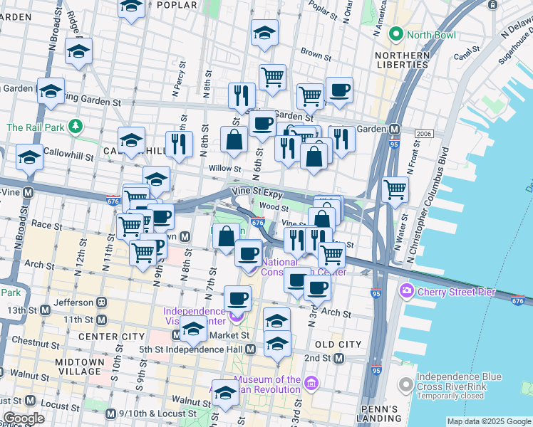 map of restaurants, bars, coffee shops, grocery stores, and more near 517 Wood Street in Philadelphia