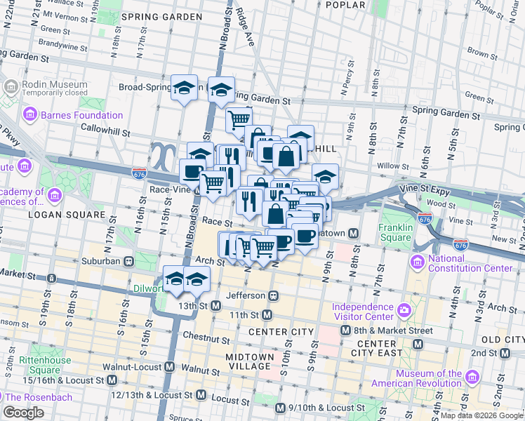map of restaurants, bars, coffee shops, grocery stores, and more near in Philadelphia