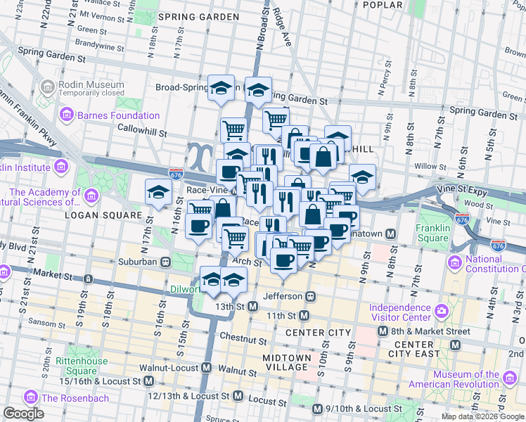 map of restaurants, bars, coffee shops, grocery stores, and more near 244 North 13th Street in Philadelphia