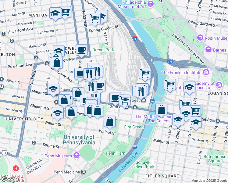 map of restaurants, bars, coffee shops, grocery stores, and more near North 32nd Street in Philadelphia