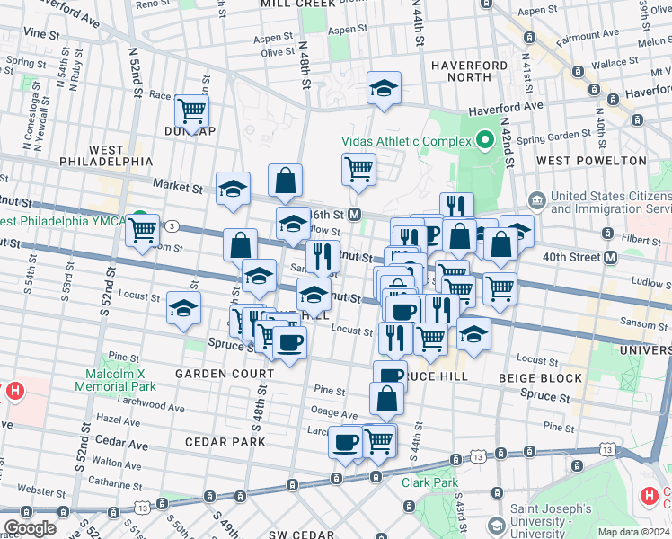 map of restaurants, bars, coffee shops, grocery stores, and more near in Philadelphia